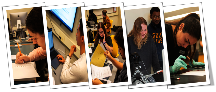 Photo tiles of students working on a computer, looking at papers and working in a lab setting