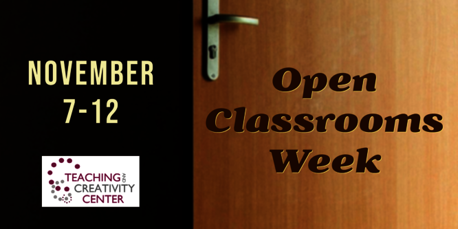 Flyer has a background image of an office door that is ajar. The text on the flyer reads "November 7-12 Open Classrooms Week." The TCC's logo is in the lower left.