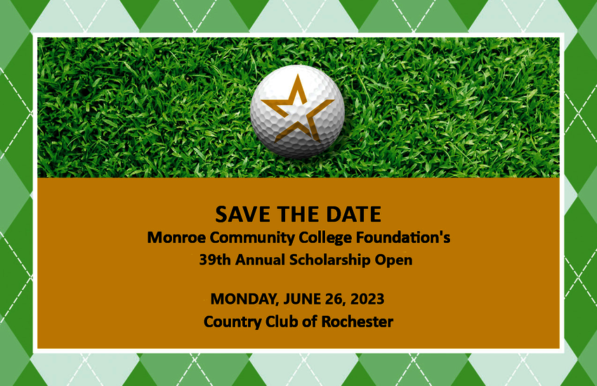 Save the Date - white golf ball with the MCC Foundation Star logo on it sitting on grass. 39th Annual Scholarship open at Country Club of Rochester. June 26, 2023
