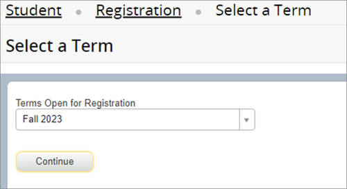 Screenshot of Select a Term webpage showing "Terms Open for Registration" drop-down menu.