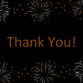 Thank you on black background with gold and white fireworks