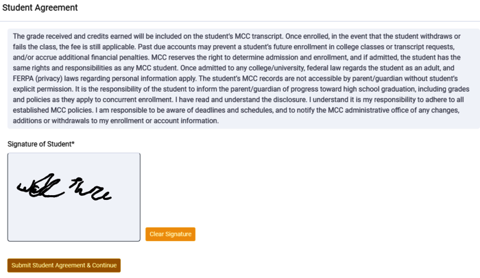Screenshot of the College Now Student Agreement with illegible signature as a sample