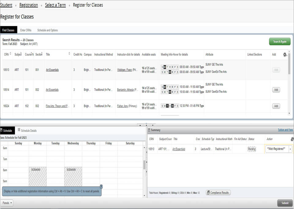 Screenshot of Register for Classes webpage showing class search results with Add buttons for each course, a week‐at‐a‐glance class schedule view, and a Summary showing a course in Pending status.