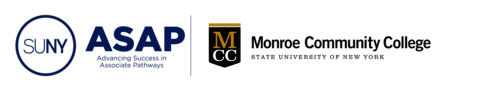 SUNY ASAP logo and MCC logo side by side. Text is SUNY ASAP Advancing Success in Associate Pathways Monroe Community College State University of New Yorkl