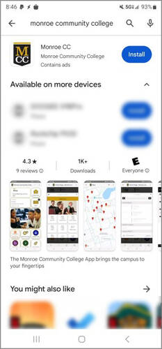 Screenshot of mobile phone screen showing the Android store after a search for Monroe Community College in a device app store.