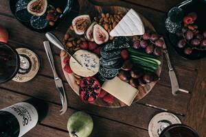 Wine, cheese, and hor d'oevres spread