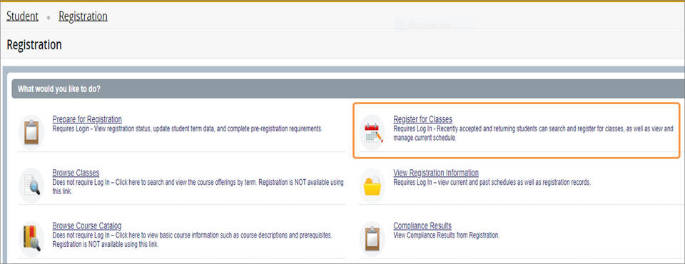 Screenshot of Registration webpage in Banner with "Register for Classes" link and information circled.