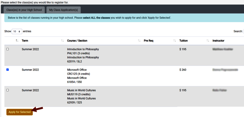 Screenshot of the College Now Portal showing a sample of available courses