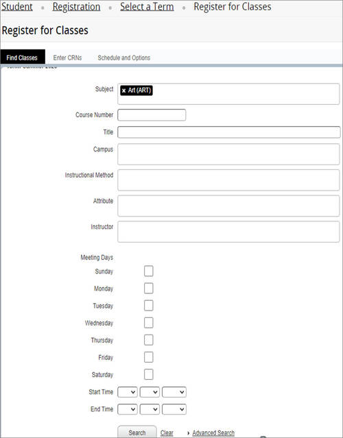 Screenshot of Register for Classes webpage showing the Find Classes form.