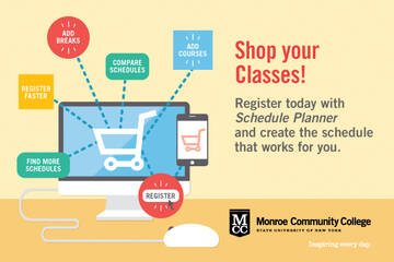 Computer screen with shopping cart on it and dotted lines pointing to choices with text: "Shop your classes! Register today with schedule planner and create the schedule that works for you.".