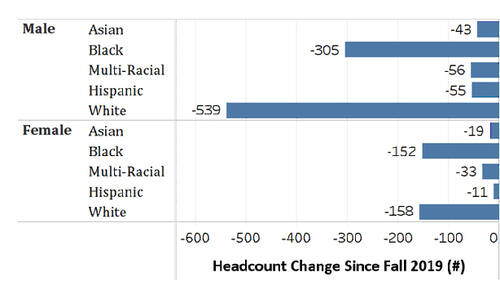 Headcount percentage changes by sex and race/ethnicity.  Asian down 43 male, 19 female. Black down 305 male, 152 female. Multi-racial down 56 male, 33 female. Hispanic down 55 male, 11 female. White down 539 male, 158 female.