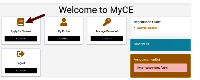 Screenshot of College Now Portal with a box around the Apply for Classes