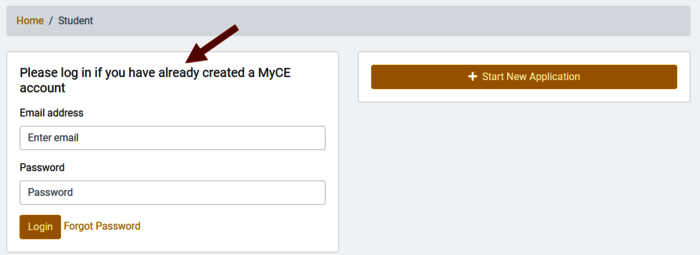 Screenshot of the College Now Returning Student login with an arrow pointing to the section